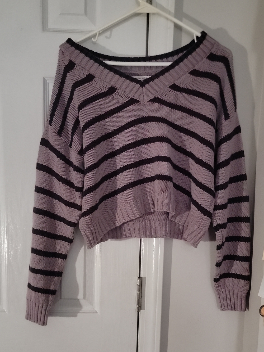 American Eagle Outfitters Lavender and Black Striped V-Neck Sweater